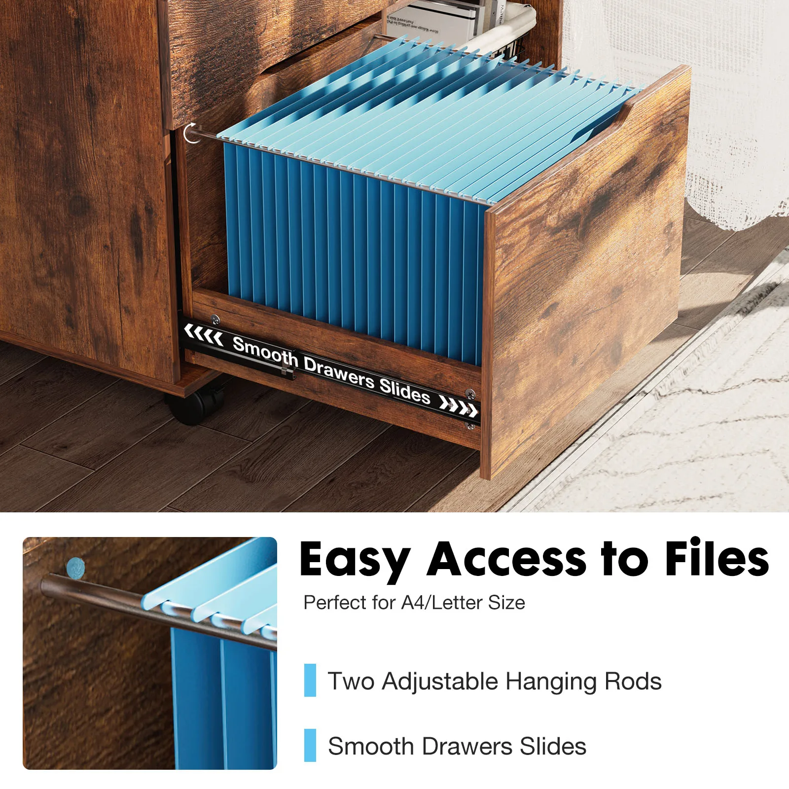 MCQ Living Room 3 Drawers Wooden Mobile Cabinet Chest Dressers Nightstand Storage Cabinet Organizer Rolling Display Furniture