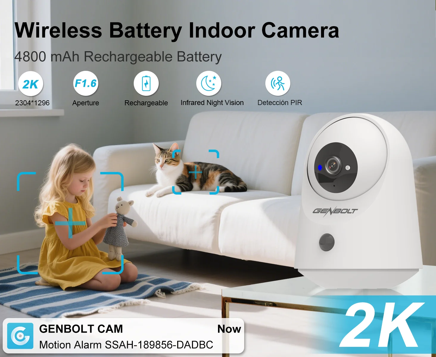 GENBOLT 2K WiFi Indoor House Security Camera Wireless, Pan Tilt Pet Camera with 5000mAh Battery Powered, IP Camera CCTV Nanny Dog Cam Baby Monitor with PIR Detection