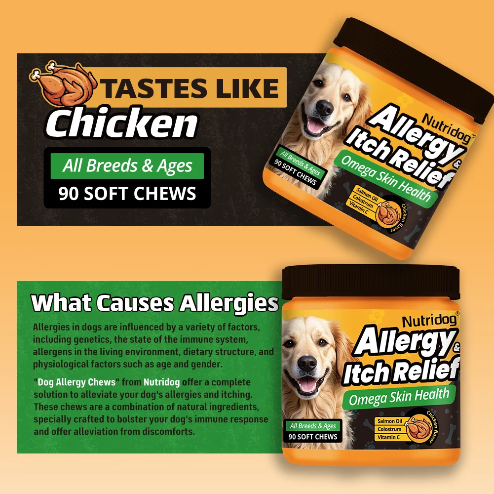 NUTRIDOG Dog Allergy Itch Relief Chews Omega-3 Vitamin C Support Skin For Dog Immune Health Supplement Nutrition 90 PCS/Bottle
