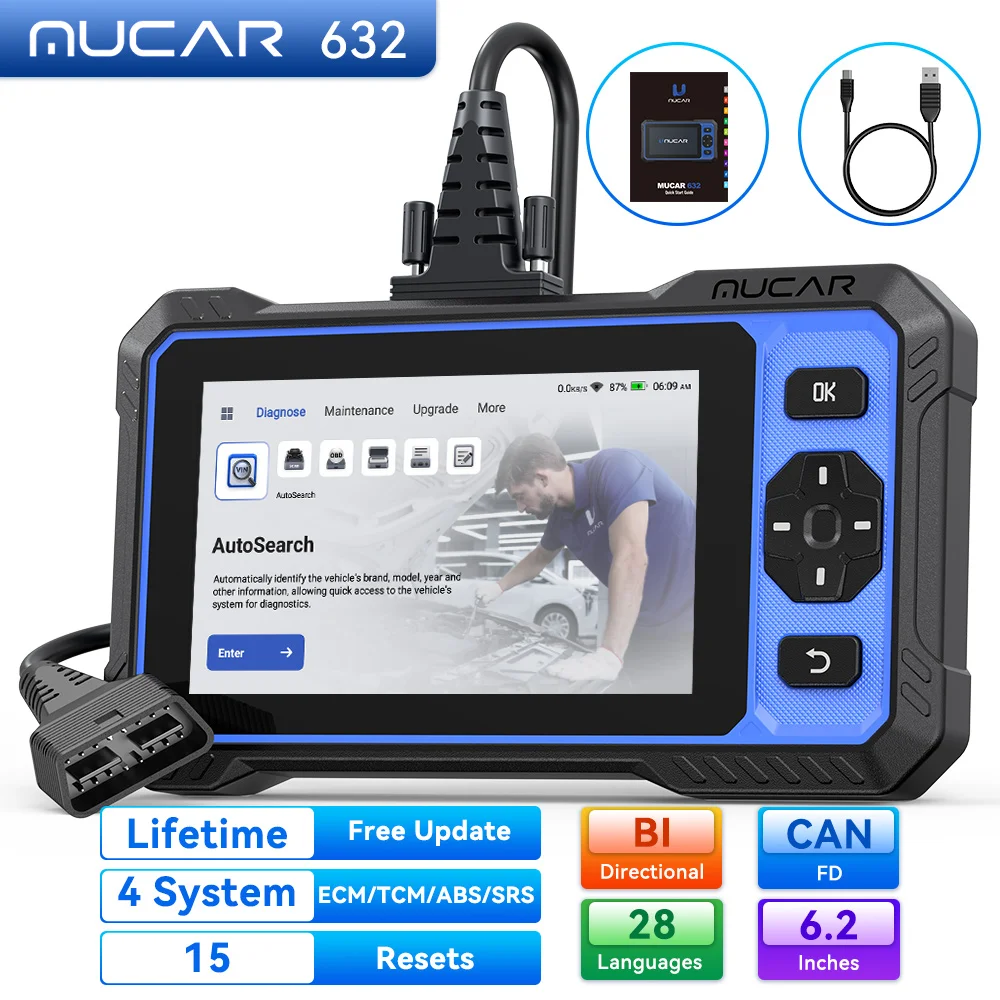 MUCAR 632 AI Automotive Tools Life Free Obd2 Scanner CANFD 15 Reset 4 System Life Free Bidirectional Diagnostic Auto OBD Scanner