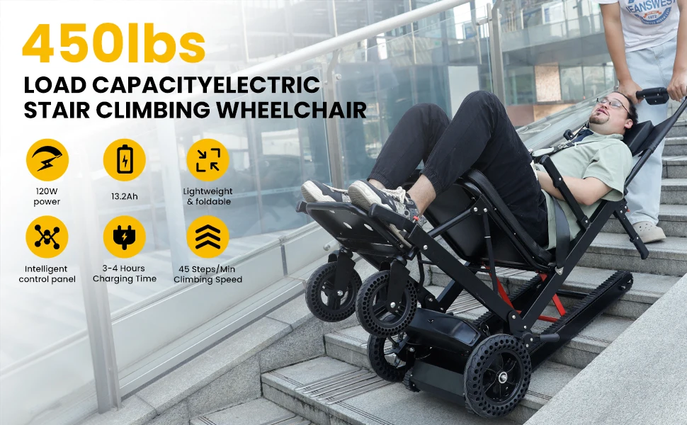Electric Stair Climbing Chair Foldable Emergency Stair Lift Wheelchair Battery Operated for Elderly Disabled 440 lbs Max Load