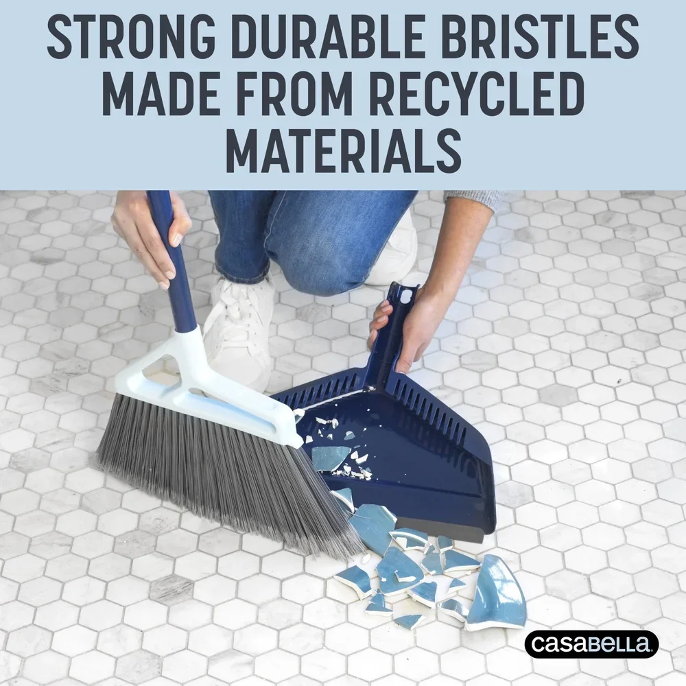 Power Core Broom with Dustpan Integrated Scraper Rubber Lip Long Handle Effective Cleaning Durable Bristles Pet Hair Removal