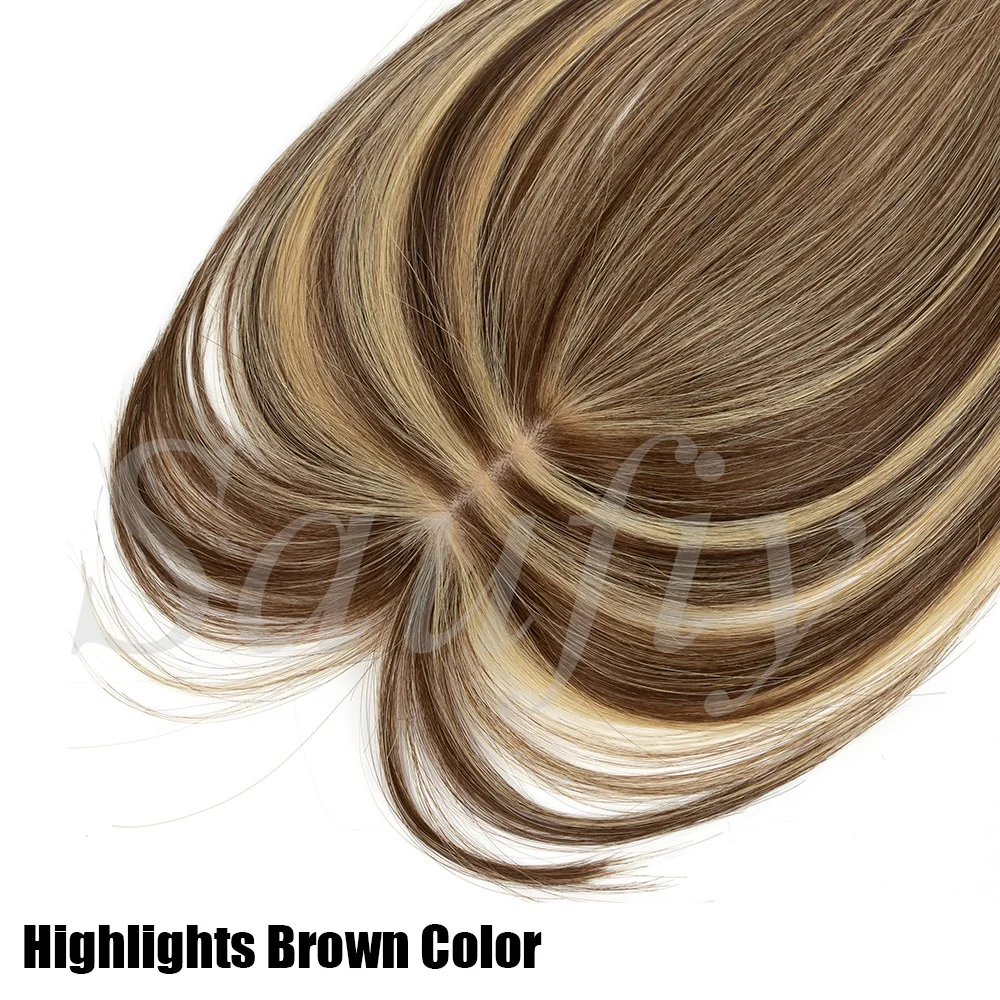 5cmx9cm Highlights Brown Human Hair Toppers With Bangs Women Clip in Hair Toppers for Thinning hair Brown Blonde Hairpieces