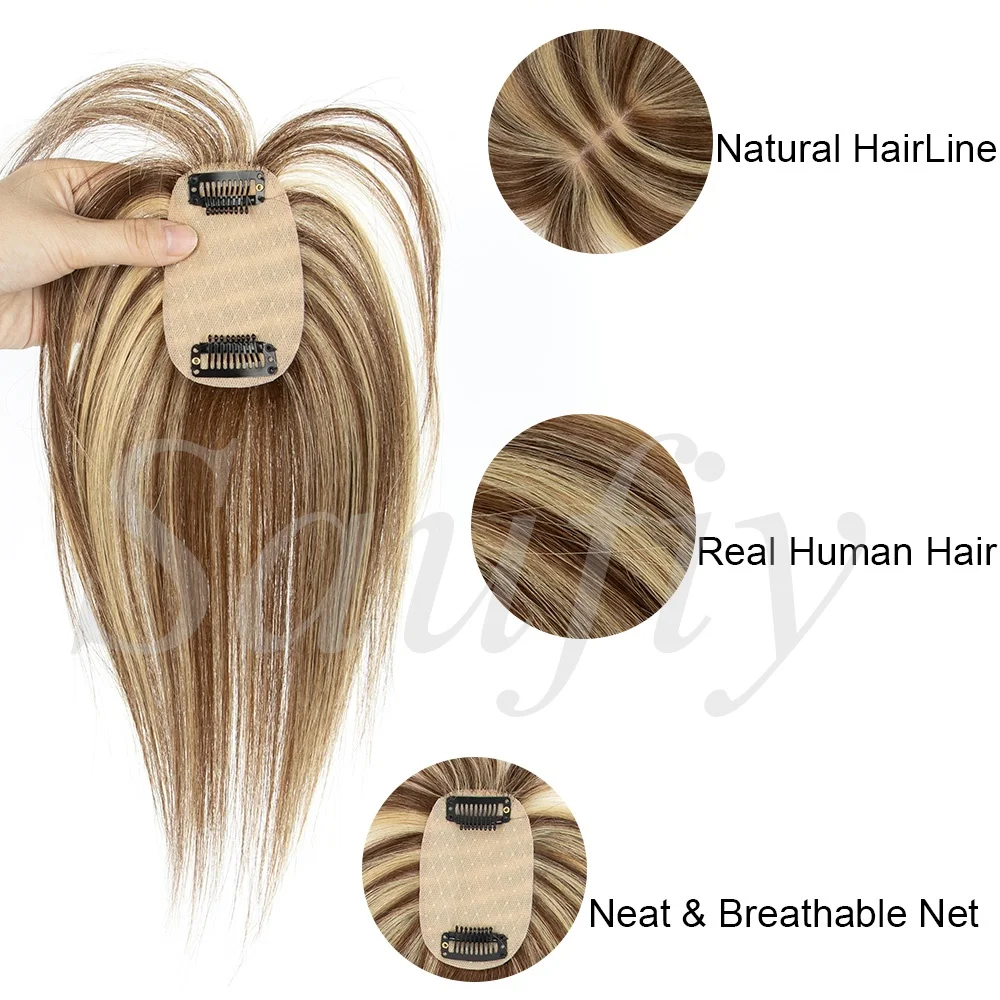 5cmx9cm Highlights Brown Human Hair Toppers With Bangs Women Clip in Hair Toppers for Thinning hair Brown Blonde Hairpieces