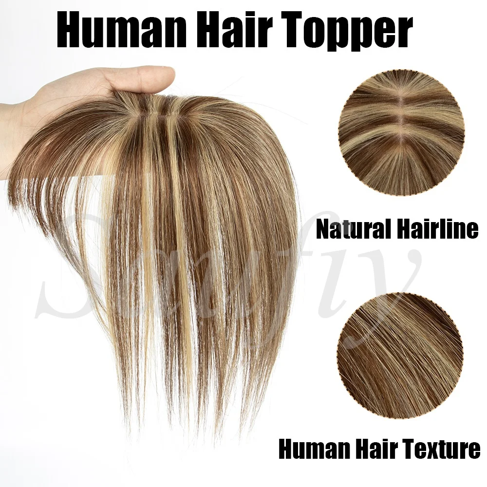 5cmx9cm Highlights Brown Human Hair Toppers With Bangs Women Clip in Hair Toppers for Thinning hair Brown Blonde Hairpieces