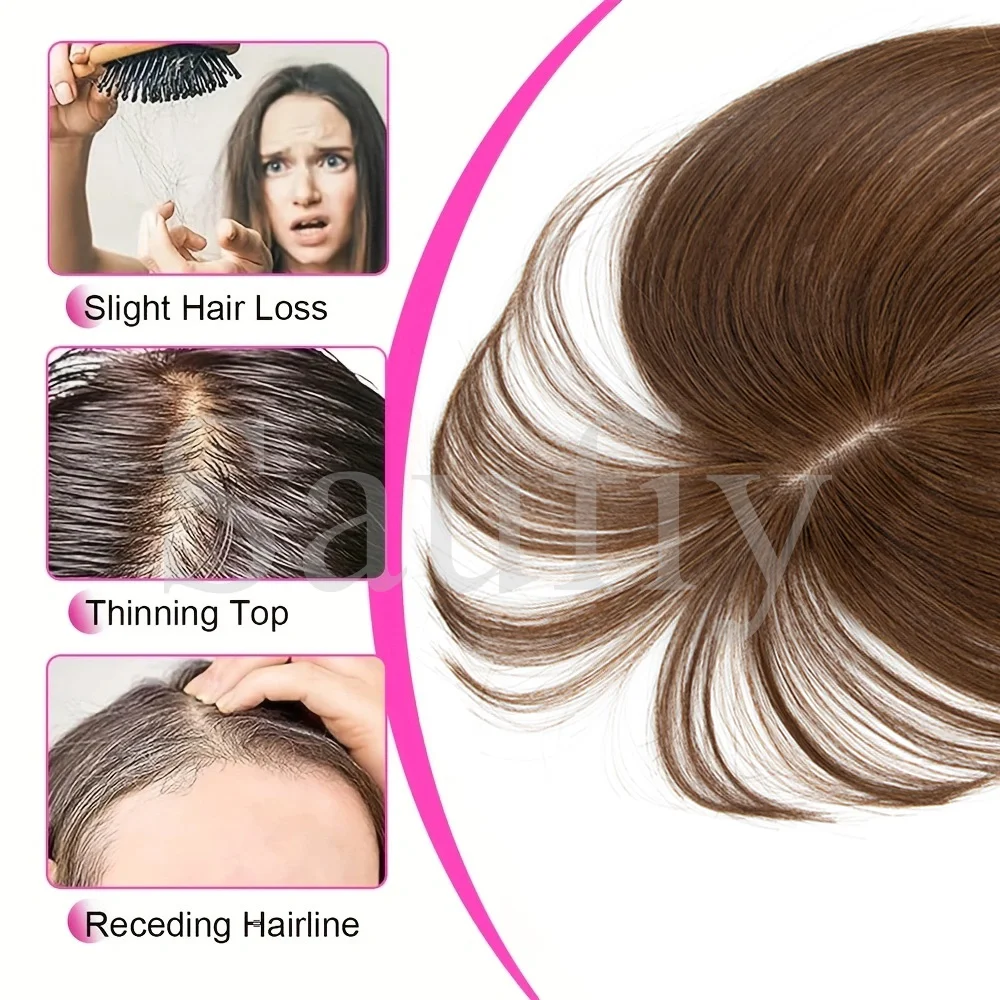 5cmx9cm Highlights Brown Human Hair Toppers With Bangs Women Clip in Hair Toppers for Thinning hair Brown Blonde Hairpieces