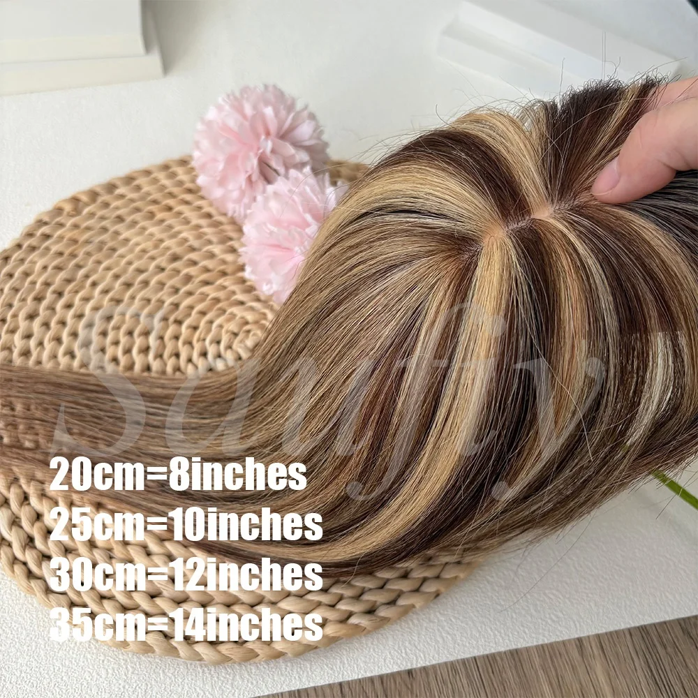 5cmx9cm Highlights Brown Human Hair Toppers With Bangs Women Clip in Hair Toppers for Thinning hair Brown Blonde Hairpieces