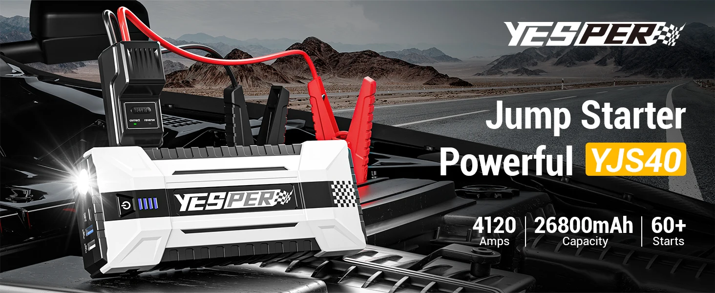 YESPER 4120A 26800mAh Jump Starter Portable, 12V Car Booster Pack with Carry Case & Jumper Cables for All Gas 10L Diesel