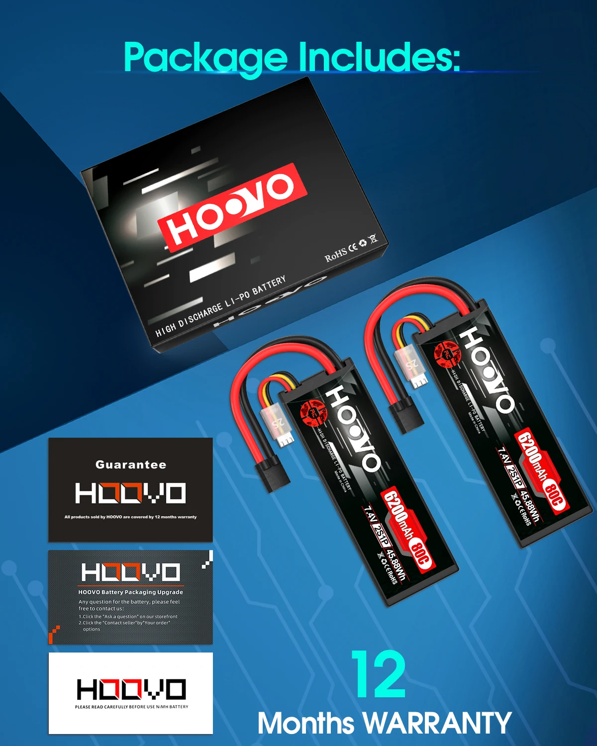 HOOVO 2Pcs 2S RC Battery 7.4V 80C 6200mAh Hard Case Lipo Battery with Tracxas Plug for RC Truck Truggy Buggy Tank RC Airplane