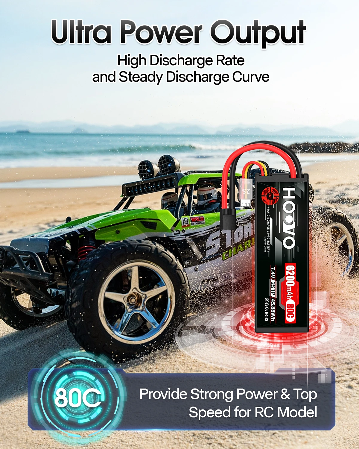 HOOVO 2Pcs 2S RC Battery 7.4V 80C 6200mAh Hard Case Lipo Battery with Tracxas Plug for RC Truck Truggy Buggy Tank RC Airplane