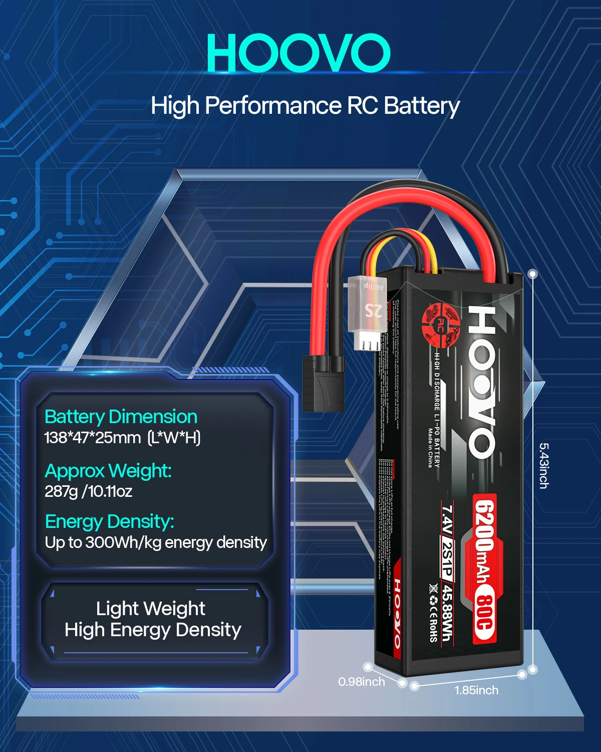 HOOVO 2Pcs 2S RC Battery 7.4V 80C 6200mAh Hard Case Lipo Battery with Tracxas Plug for RC Truck Truggy Buggy Tank RC Airplane