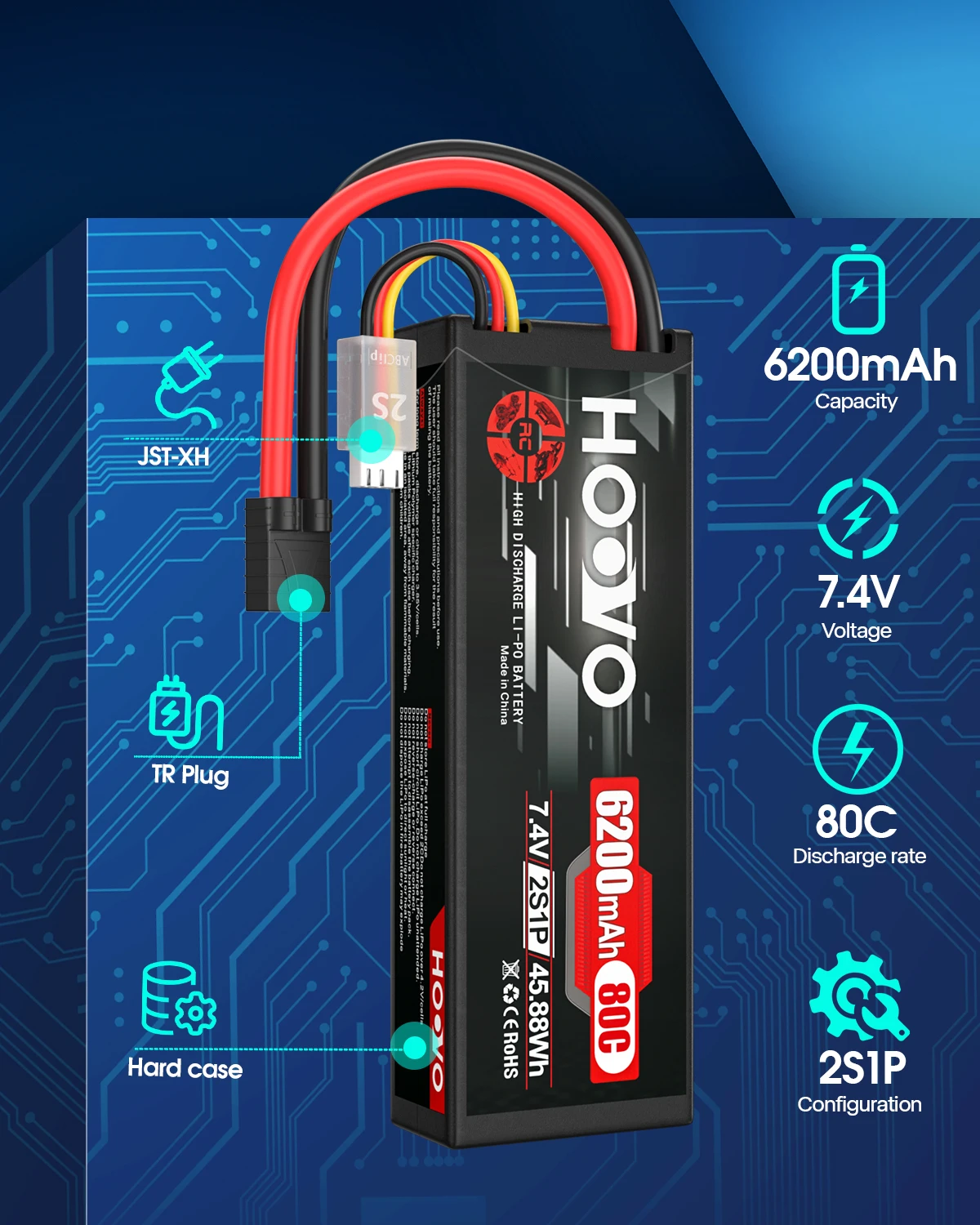 HOOVO 2Pcs 2S RC Battery 7.4V 80C 6200mAh Hard Case Lipo Battery with Tracxas Plug for RC Truck Truggy Buggy Tank RC Airplane