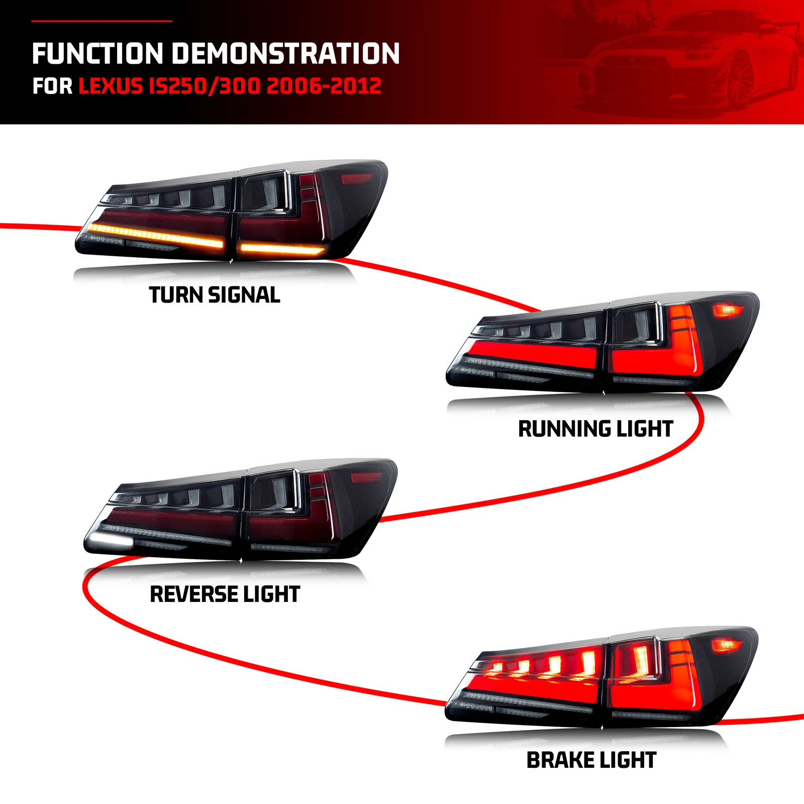 LED Tail Lights for Lexus IS250 IS350 ISF IS II 2006-2013 Sequential Turn Signal Dynamic Animation Black Rear Lamps Assembly