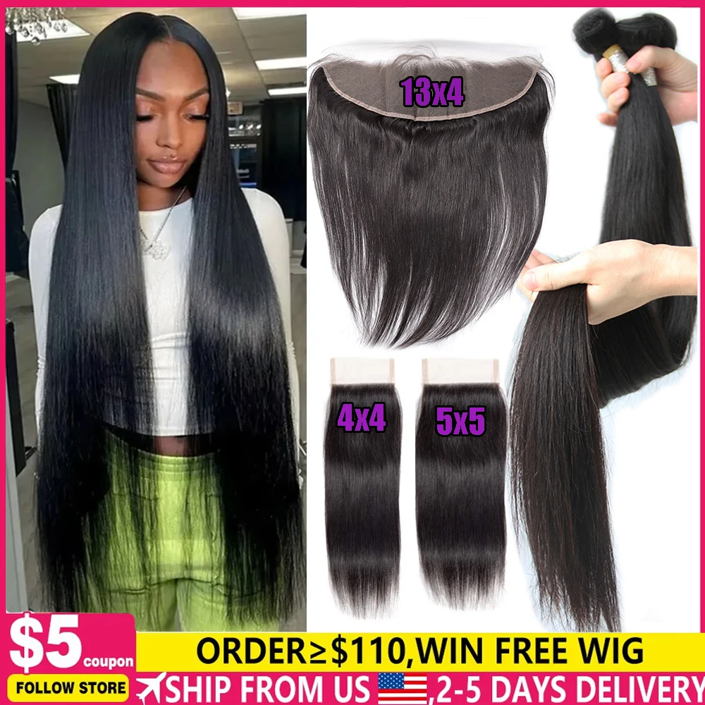 Peruvian Human Hair Bundles With Closure Straight Raw Virgin 3 4 Bundles With 4x4 5x5 HD Lace Closure Weave With 13x4 Frontal