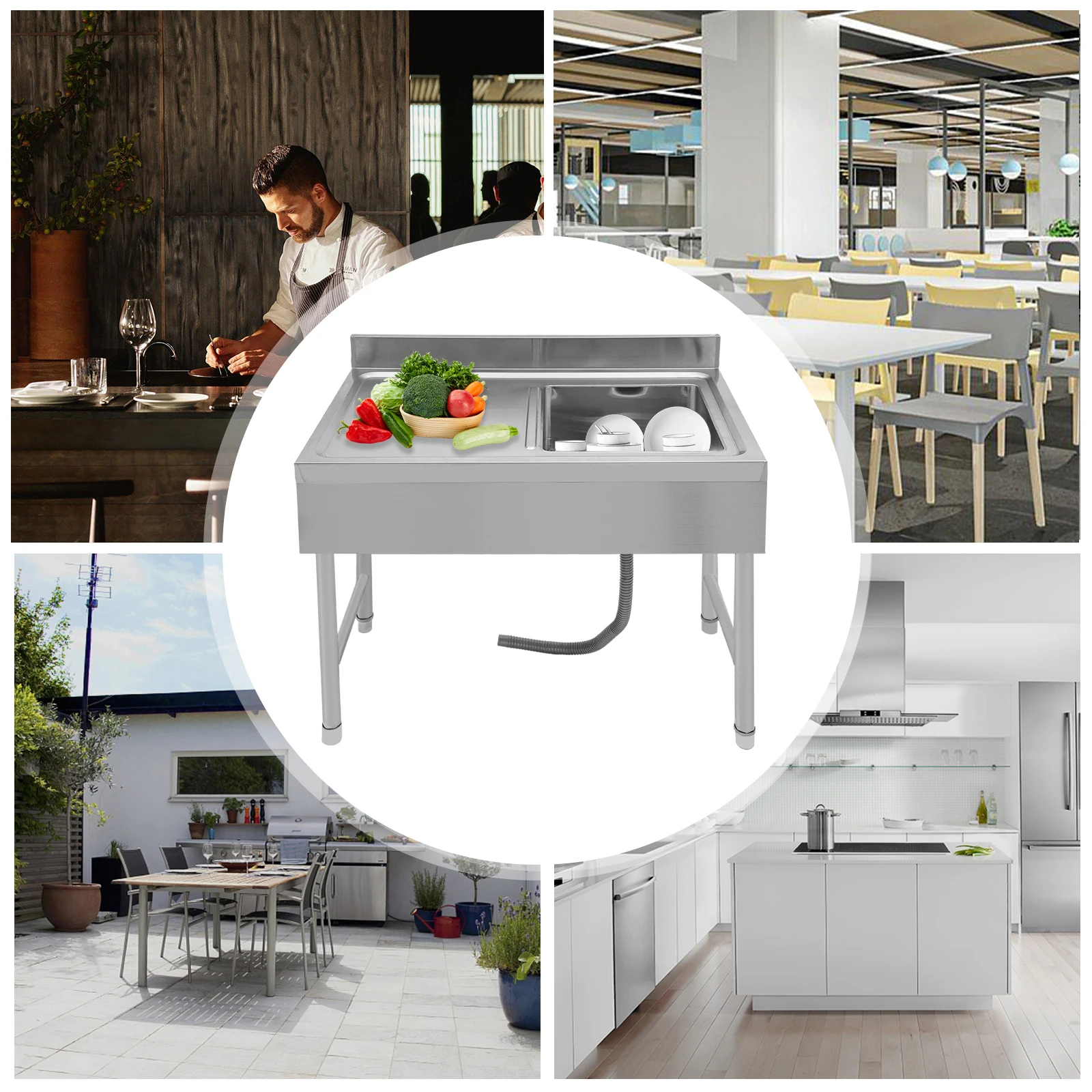 Freestanding Rectangular Silver Stainless Steel Sink 150kg Load Capacity Commercial Outdoor Sink for Homes/Restaurants