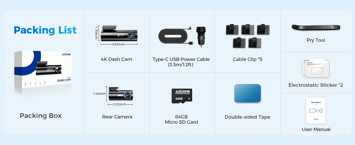 【US Warehouses】AZDOME M300S Dash Cam 4K+1080P Front and Rear Dash Camera for Cars 5.8G WiFi GPS Voice Control WDR Night Vision