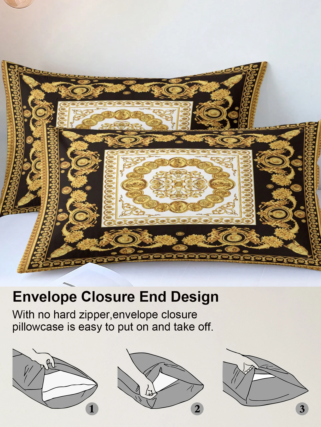 European-Style Black and Gold Digital Print Three-Piece Duvet Cover Set, Skin-Friendly and Breathable Bedding (1 Duvet Cover + 2 Pillowcases), Ultra-Soft Breathable Fabric, Skin-Friendly, Comfortable, Breathable, Machine Washable, Suitable for All Seasons, Elegant and Exquisite, Ideal Choice for Bedrooms and Guest Rooms