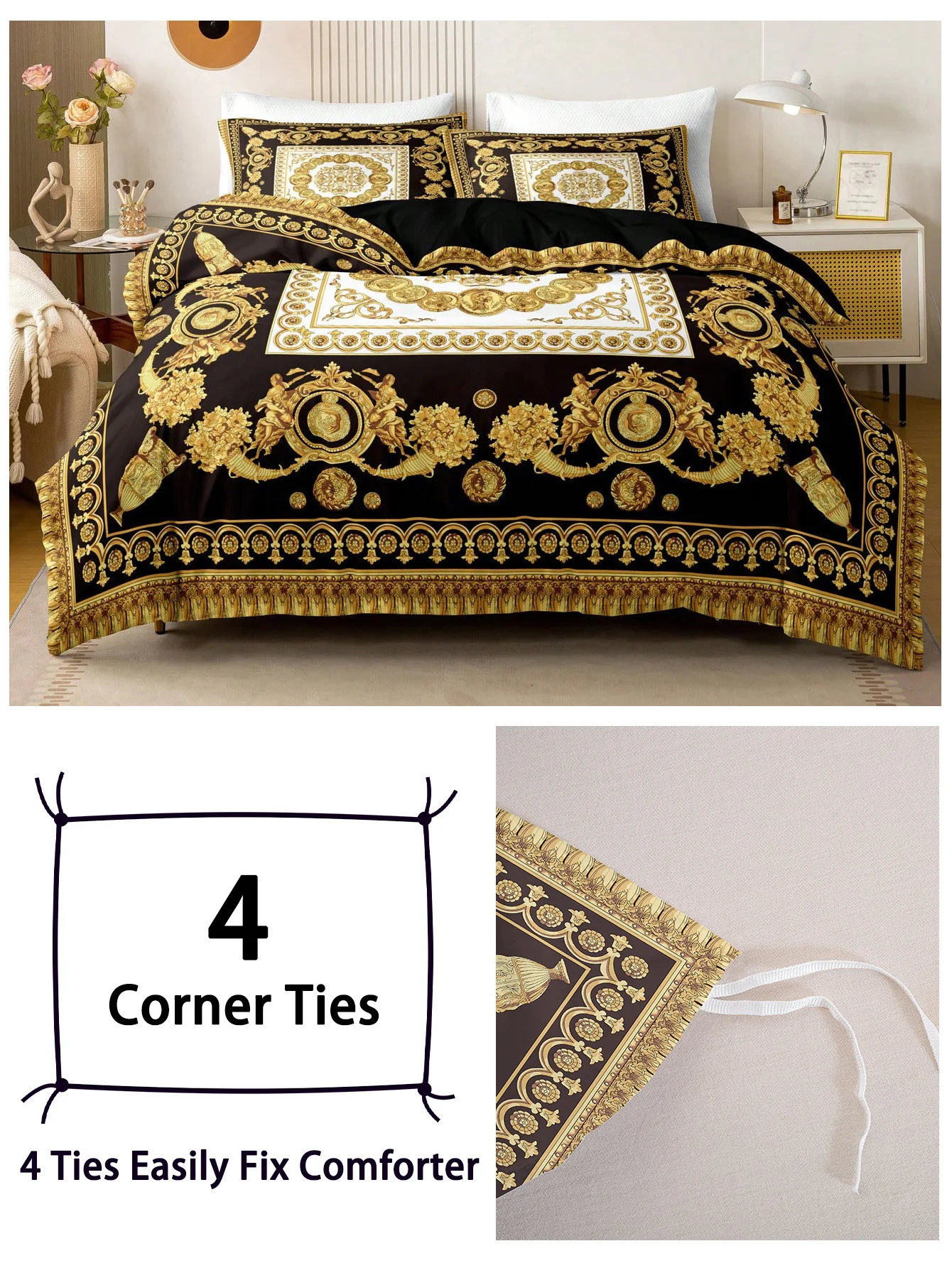 European-Style Black and Gold Digital Print Three-Piece Duvet Cover Set, Skin-Friendly and Breathable Bedding (1 Duvet Cover + 2 Pillowcases), Ultra-Soft Breathable Fabric, Skin-Friendly, Comfortable, Breathable, Machine Washable, Suitable for All Seasons, Elegant and Exquisite, Ideal Choice for Bedrooms and Guest Rooms