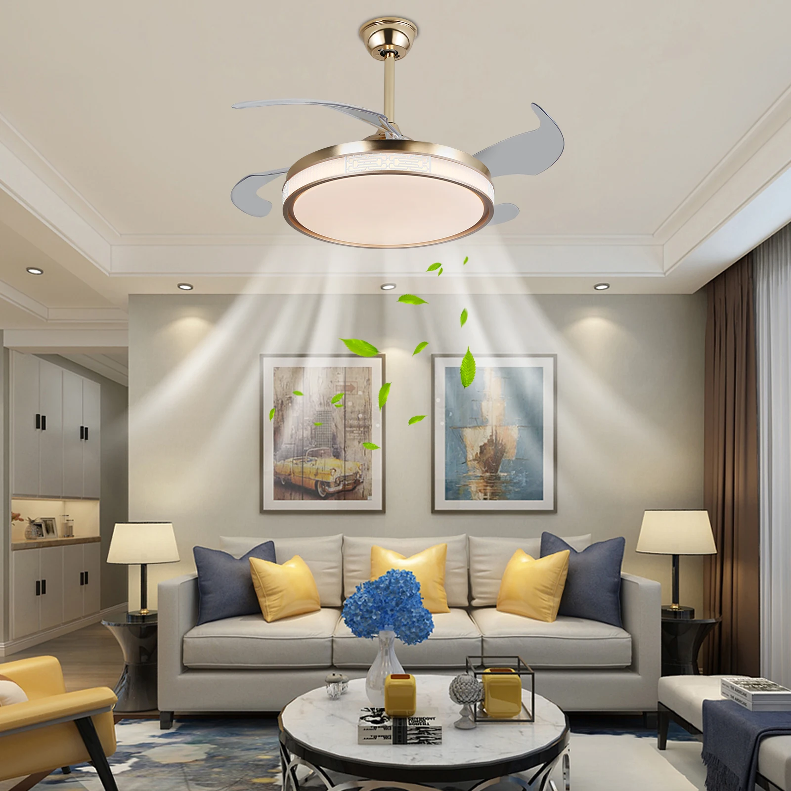 42 Inch Ceiling Fan Speed 3 Color with Remote Control Temperature 3000K-6000K Dimmable LED Reversible Quiet Motor Gold Ceiling Fan Lamp for Bedroom Living Room Kitchen Home