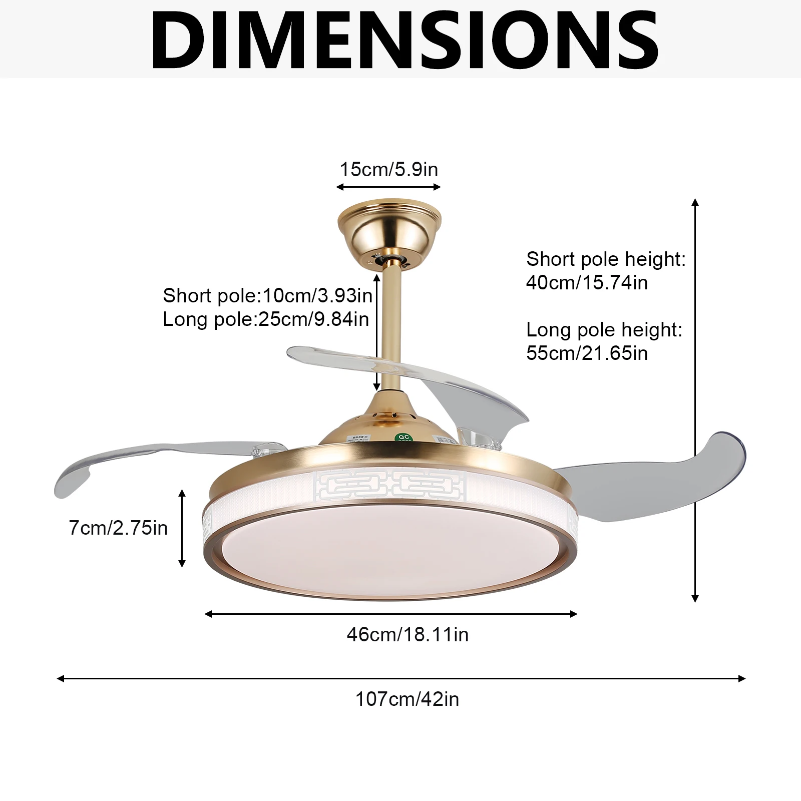 42 Inch Ceiling Fan Speed 3 Color with Remote Control Temperature 3000K-6000K Dimmable LED Reversible Quiet Motor Gold Ceiling Fan Lamp for Bedroom Living Room Kitchen Home