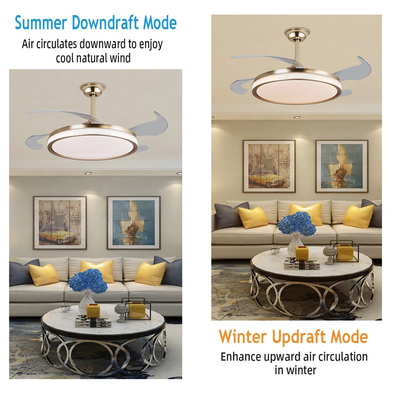 42 Inch Ceiling Fan Speed 3 Color with Remote Control Temperature 3000K-6000K Dimmable LED Reversible Quiet Motor Gold Ceiling Fan Lamp for Bedroom Living Room Kitchen Home