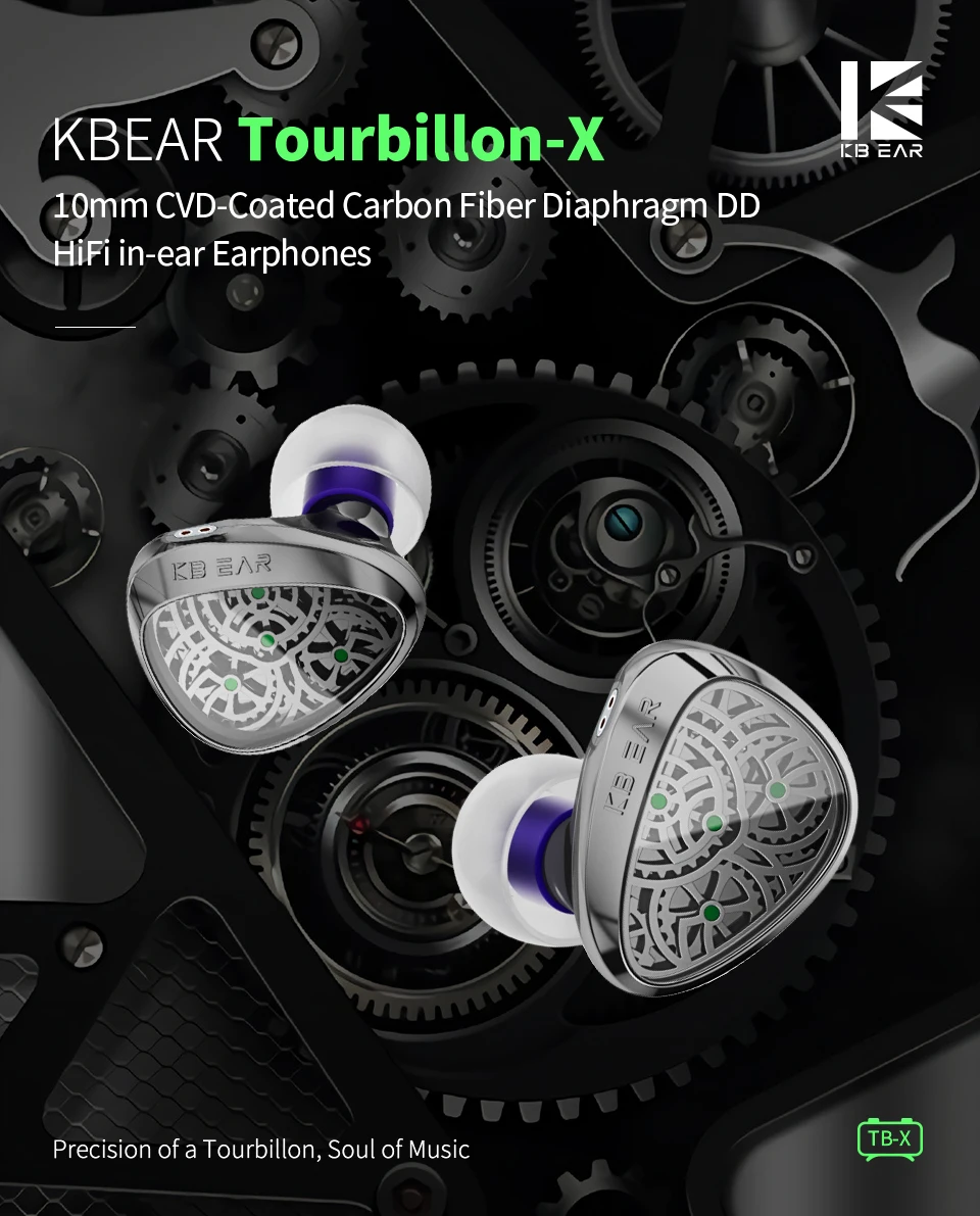 KBEAR Tourbillon-X TB-X IEMS in-Earphone Wired Headphones 10mm CVD-Coated Carbon Fiber Diaphragm Deep BassGaming Headset