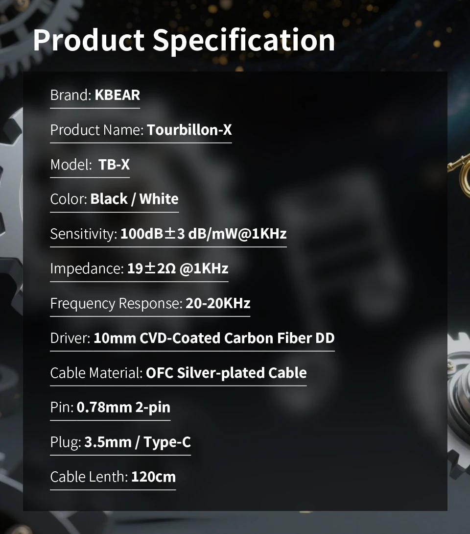 KBEAR Tourbillon-X TB-X IEMS in-Earphone Wired Headphones 10mm CVD-Coated Carbon Fiber Diaphragm Deep BassGaming Headset