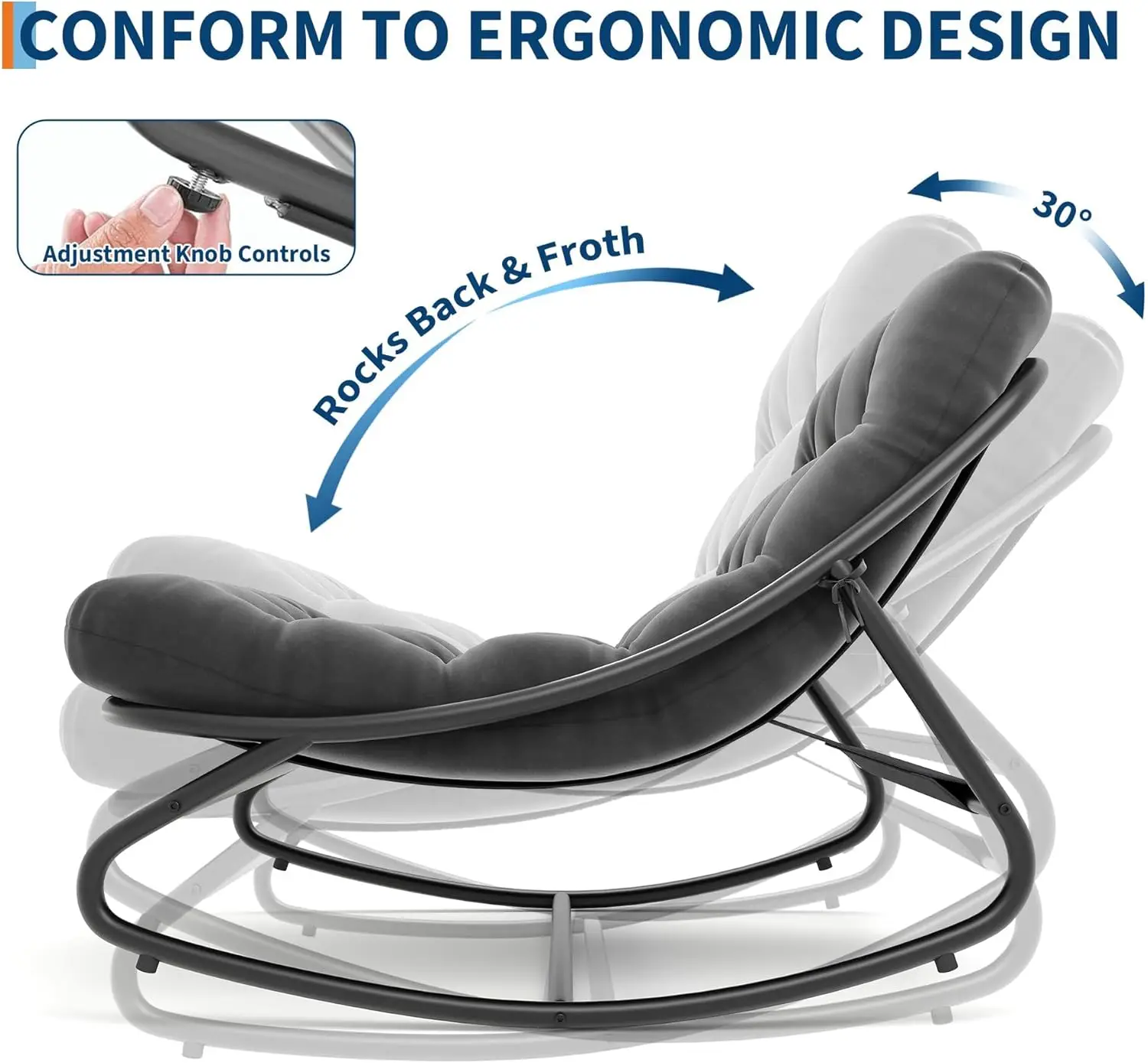 Papasan Rocking Chair Outdoor - Comfy Rocking Chair with Metal Frame, Adjustable Papasan Chair with Waterproof Cushion, 400lbs Capacity for Patio Porch Garden