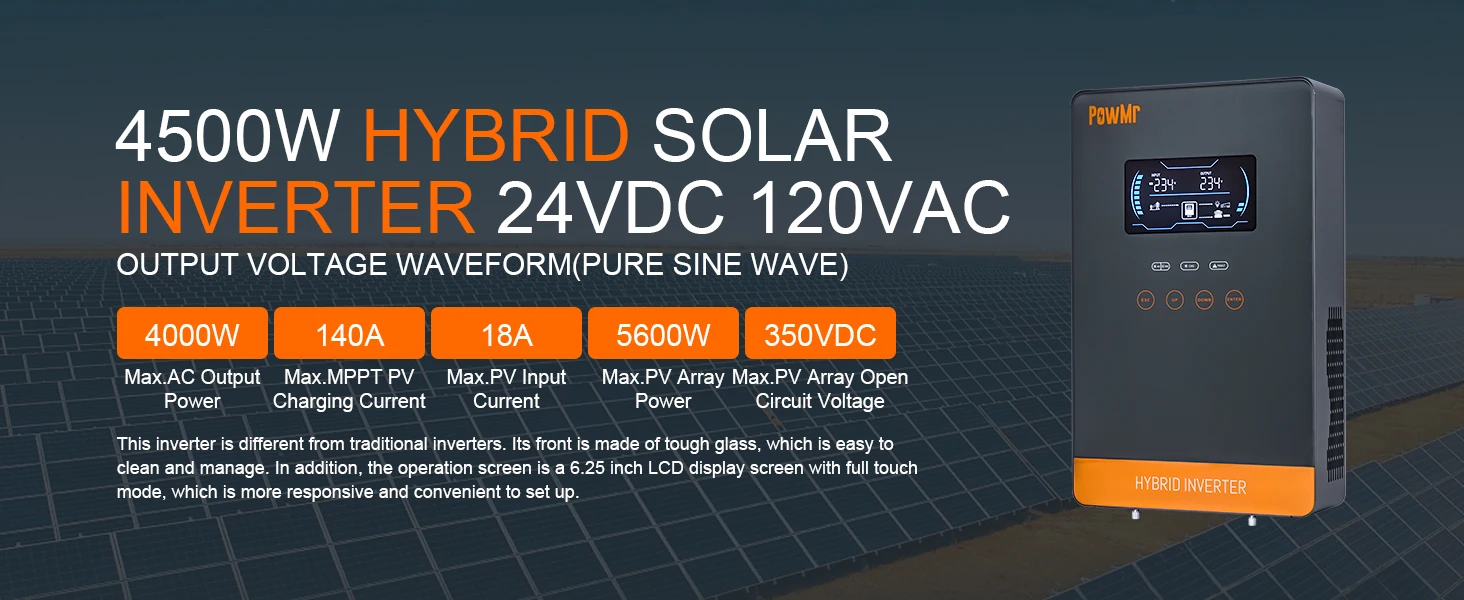 PowMr USA 4000W 24V Hybrid Solar Inverter Charger 100/110/120V AC Pure Sine Wave 140A MPPT Charger Max 5600W PV 55-350V DC Off Grid Inverter for Lead Acid AGM Gel Lithium Battery Home Emergency Solar Power System