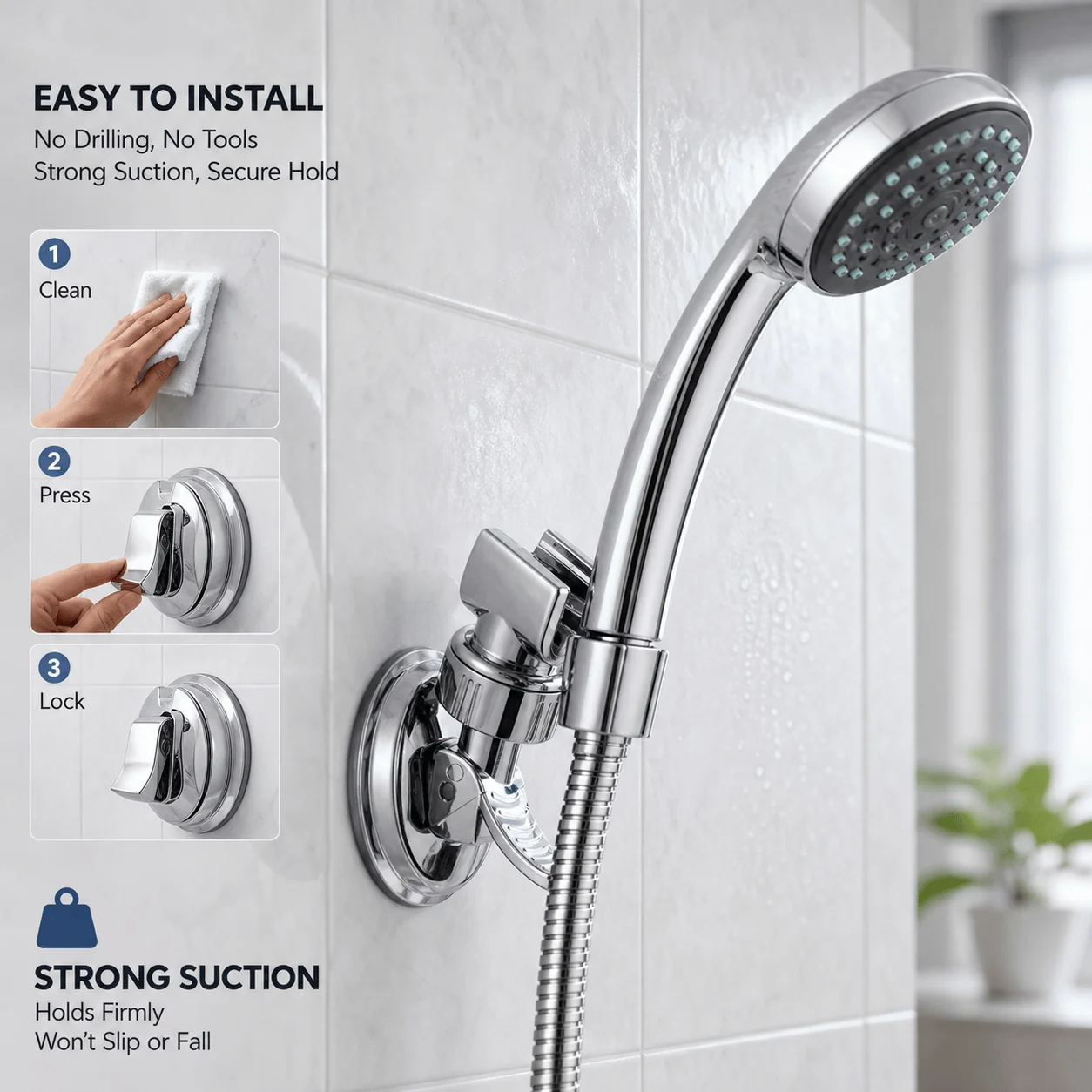 Suction Cup Shower Head Holder, 360 Degree Adjustable Handheld Shower Bracket