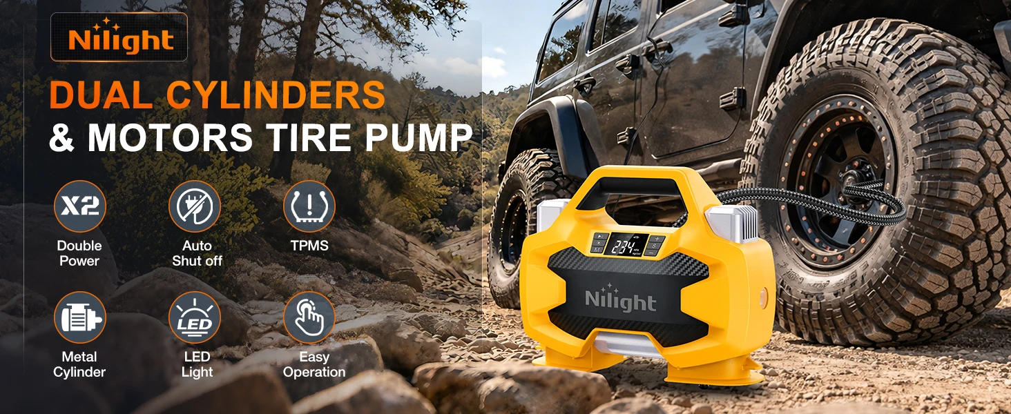 Nilight Portable DC 12V Heavy Duty Tire Inflator Dual Cylinders and Dual Motors Tire Pump 150PSI Air Pumps Auto Shutoff with Screen and LED Light Air Compressor for Pickup Truck ORVs SUVs Cars