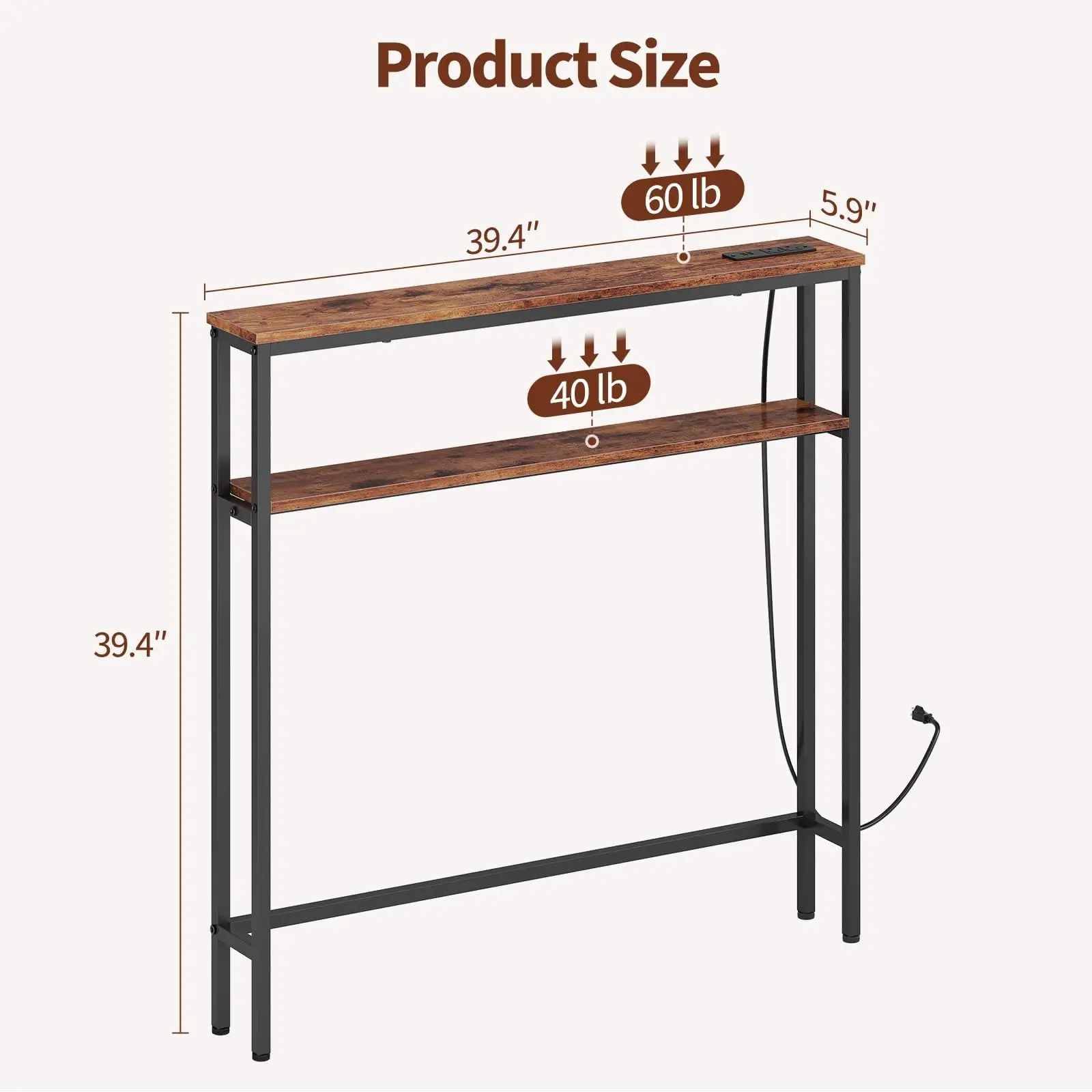 Narrow Console Table With Power Outlets, 2-Tier Slim Sofa Table With USB-C, Behind Couch Entryway Table For Living Room