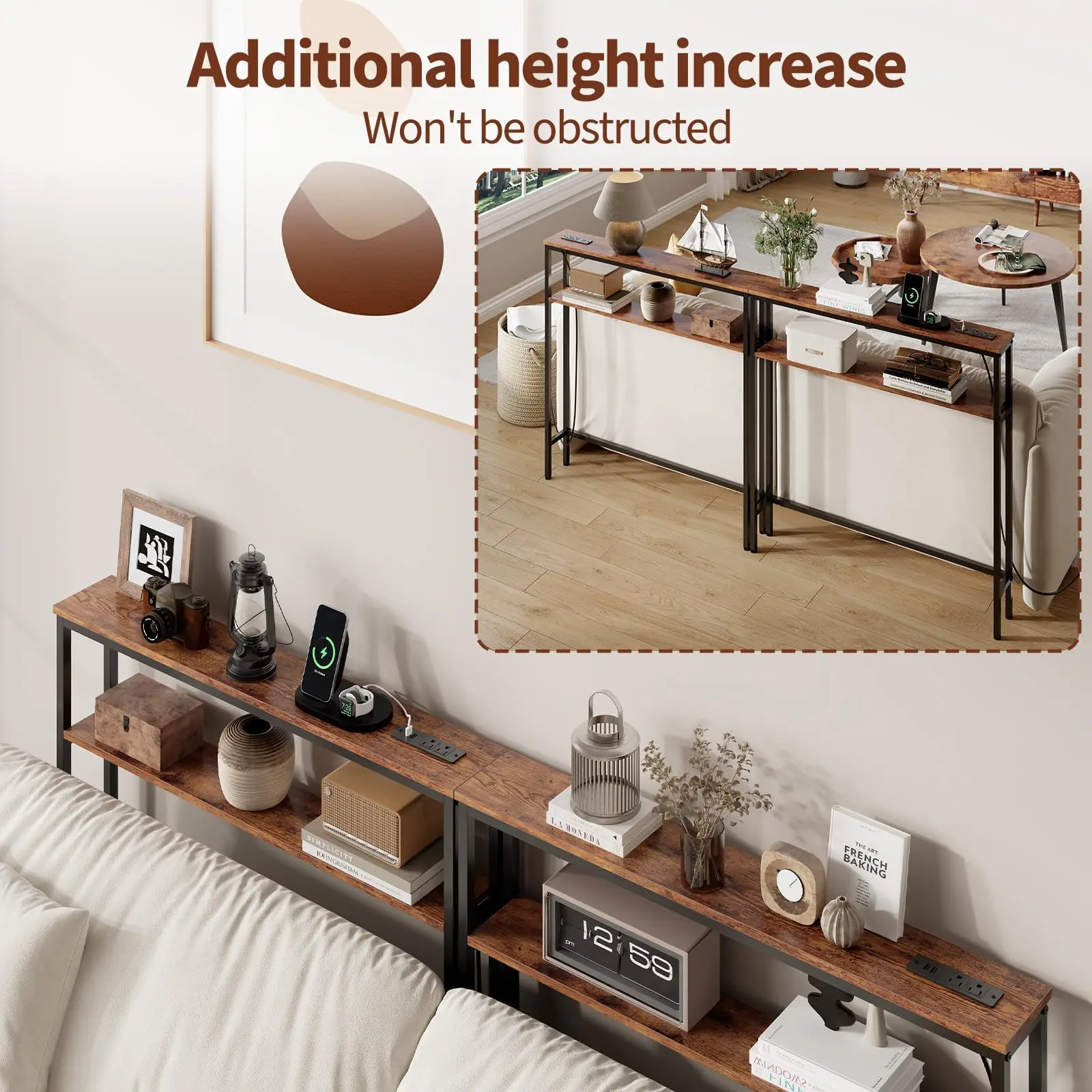 Narrow Console Table With Power Outlets, 2-Tier Slim Sofa Table With USB-C, Behind Couch Entryway Table For Living Room