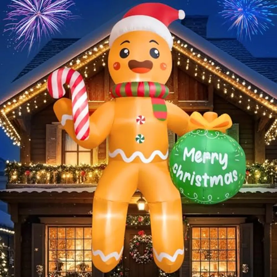 Outdoor Christmas inflatable gingerbread man, 11 FT, PVC material, red and white, built-in LEDs for night visibility