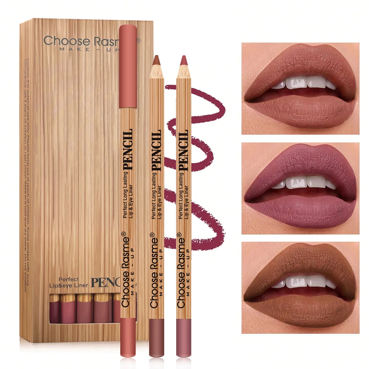 12-color lip liner set, wooden design, can be sharpened, matte nude shades, easy-to-apply lipstick liners