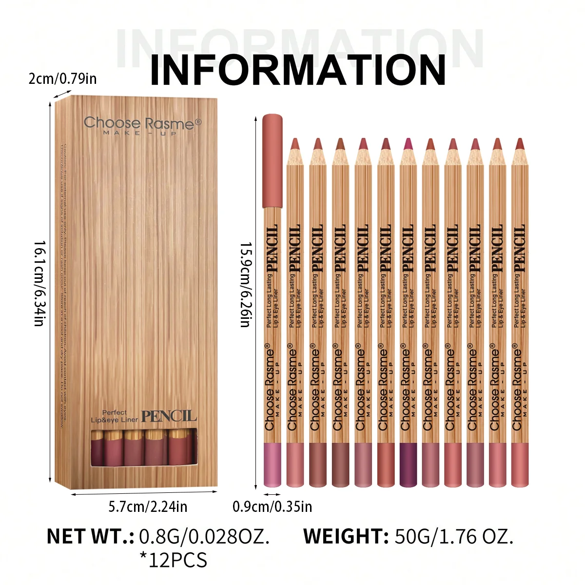 12-color lip liner set, wooden design, can be sharpened, matte nude shades, easy-to-apply lipstick liners