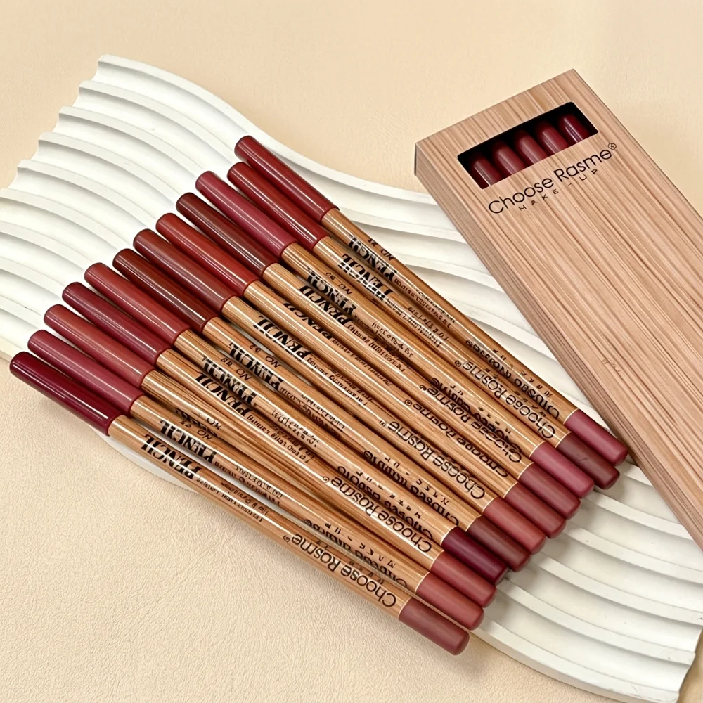 12-color lip liner set, wooden design, can be sharpened, matte nude shades, easy-to-apply lipstick liners