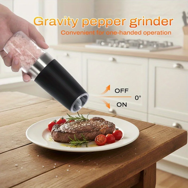 2pcs Gravity-sensing Electric Salt And Pepper Grinder Set, Battery-powered LED Light, One-hand Operation, Local Fast Delivery, Adjustable Coarseness Grinder, Black Kitchen Gadget, Salt And Pepper Grinder Electric 2pcs, Birthday Gift