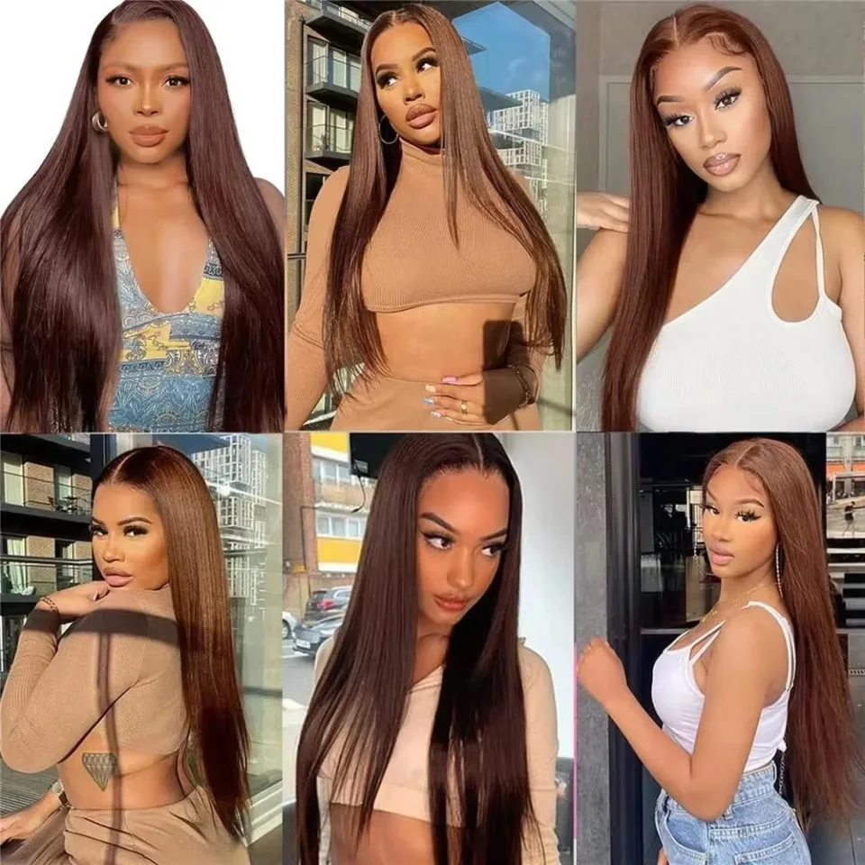Chocolate Brown Straight Human Hair Bundles Color 4 Straight Virgin Human Hair 3/4 Bundles Quick Weave Real Unprocessed Chocolate Brazilian Virgin Straight Human Hair Extension Dark Brown Mixed Length Double Weft 100g/PC