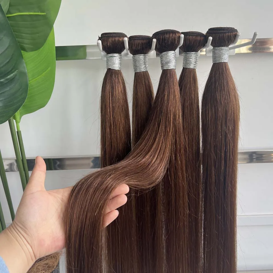 Chocolate Brown Straight Human Hair Bundles Color 4 Straight Virgin Human Hair 3/4 Bundles Quick Weave Real Unprocessed Chocolate Brazilian Virgin Straight Human Hair Extension Dark Brown Mixed Length Double Weft 100g/PC