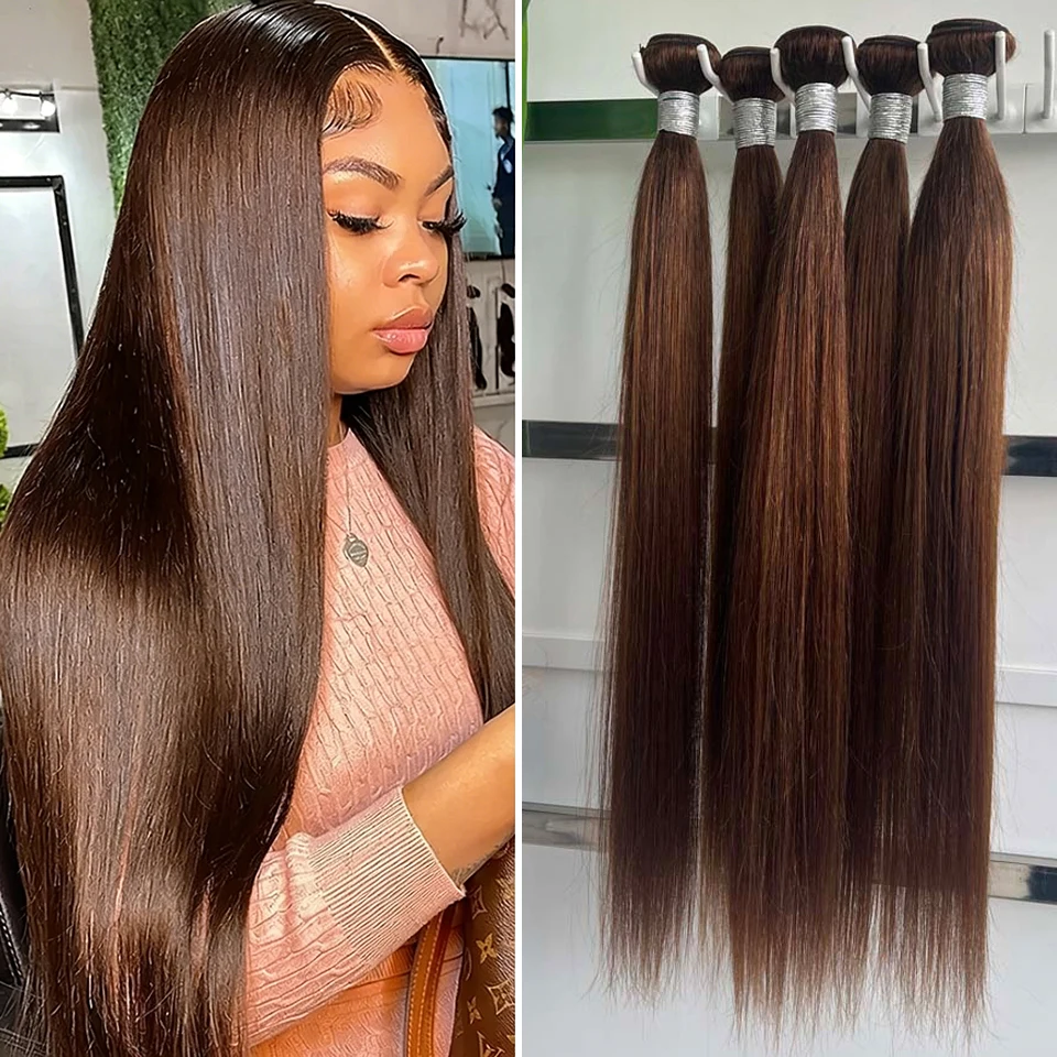 Chocolate Brown Straight Human Hair Bundles Color 4 Straight Virgin Human Hair 3/4 Bundles Quick Weave Real Unprocessed Chocolate Brazilian Virgin Straight Human Hair Extension Dark Brown Mixed Length Double Weft 100g/PC