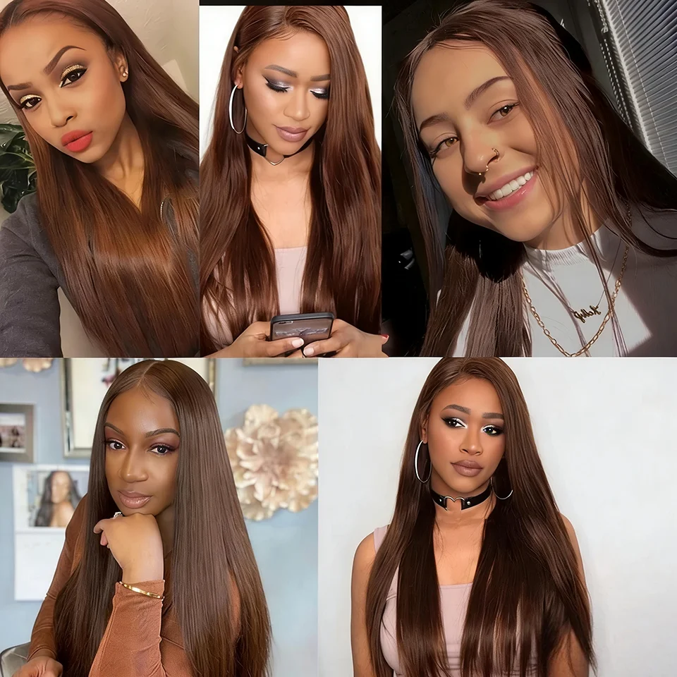 Chocolate Brown Straight Human Hair Bundles Color 4 Straight Virgin Human Hair 3/4 Bundles Quick Weave Real Unprocessed Chocolate Brazilian Virgin Straight Human Hair Extension Dark Brown Mixed Length Double Weft 100g/PC