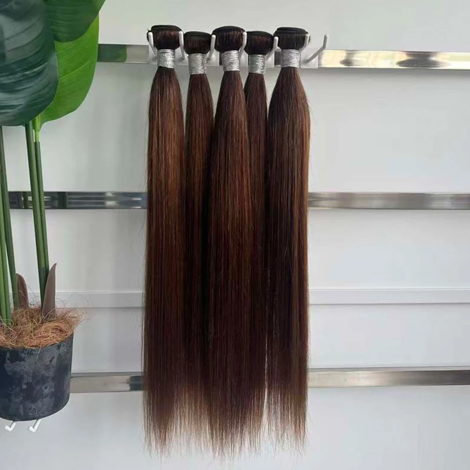 Chocolate Brown Straight Human Hair Bundles Color 4 Straight Virgin Human Hair 3/4 Bundles Quick Weave Real Unprocessed Chocolate Brazilian Virgin Straight Human Hair Extension Dark Brown Mixed Length Double Weft 100g/PC