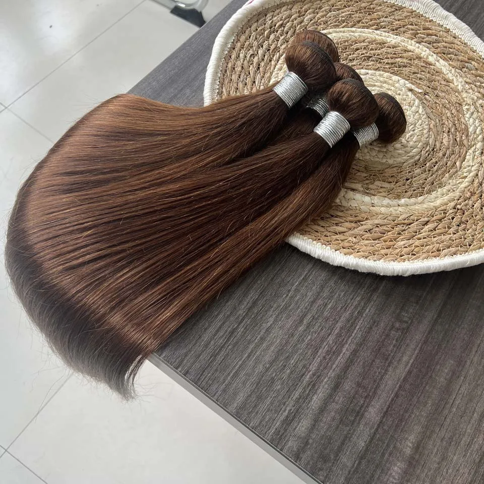 Chocolate Brown Straight Human Hair Bundles Color 4 Straight Virgin Human Hair 3/4 Bundles Quick Weave Real Unprocessed Chocolate Brazilian Virgin Straight Human Hair Extension Dark Brown Mixed Length Double Weft 100g/PC