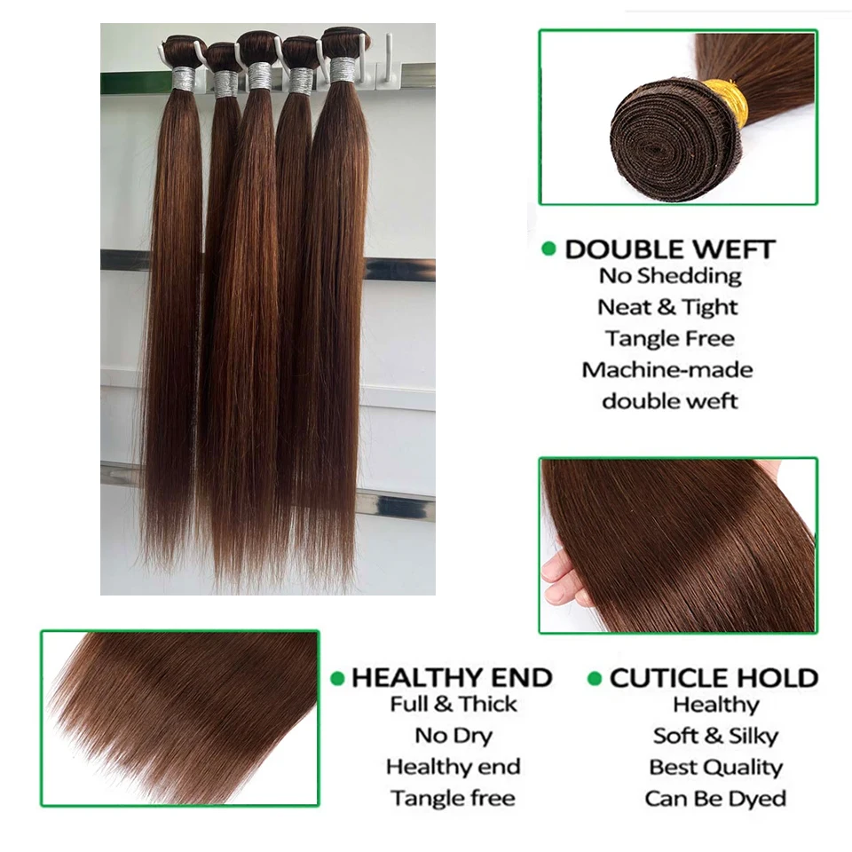 Chocolate Brown Straight Human Hair Bundles Color 4 Straight Virgin Human Hair 3/4 Bundles Quick Weave Real Unprocessed Chocolate Brazilian Virgin Straight Human Hair Extension Dark Brown Mixed Length Double Weft 100g/PC