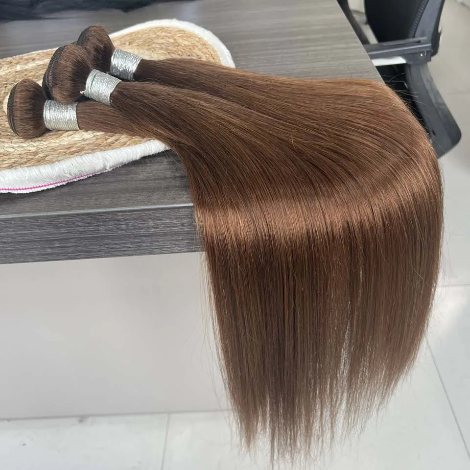 Chocolate Brown Straight Human Hair Bundles Color 4 Straight Virgin Human Hair 3/4 Bundles Quick Weave Real Unprocessed Chocolate Brazilian Virgin Straight Human Hair Extension Dark Brown Mixed Length Double Weft 100g/PC