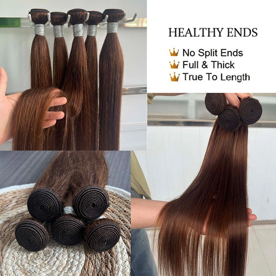 Chocolate Brown Straight Human Hair Bundles Color 4 Straight Virgin Human Hair 3/4 Bundles Quick Weave Real Unprocessed Chocolate Brazilian Virgin Straight Human Hair Extension Dark Brown Mixed Length Double Weft 100g/PC