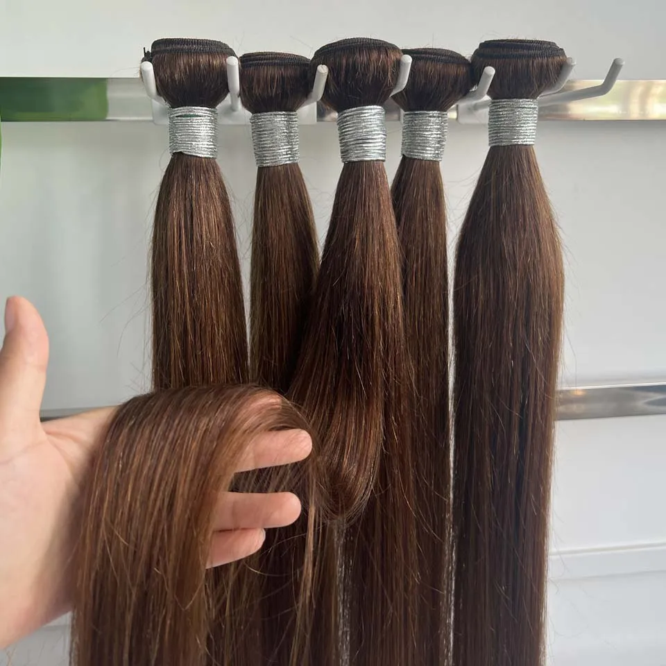 Chocolate Brown Straight Human Hair Bundles Color 4 Straight Virgin Human Hair 3/4 Bundles Quick Weave Real Unprocessed Chocolate Brazilian Virgin Straight Human Hair Extension Dark Brown Mixed Length Double Weft 100g/PC