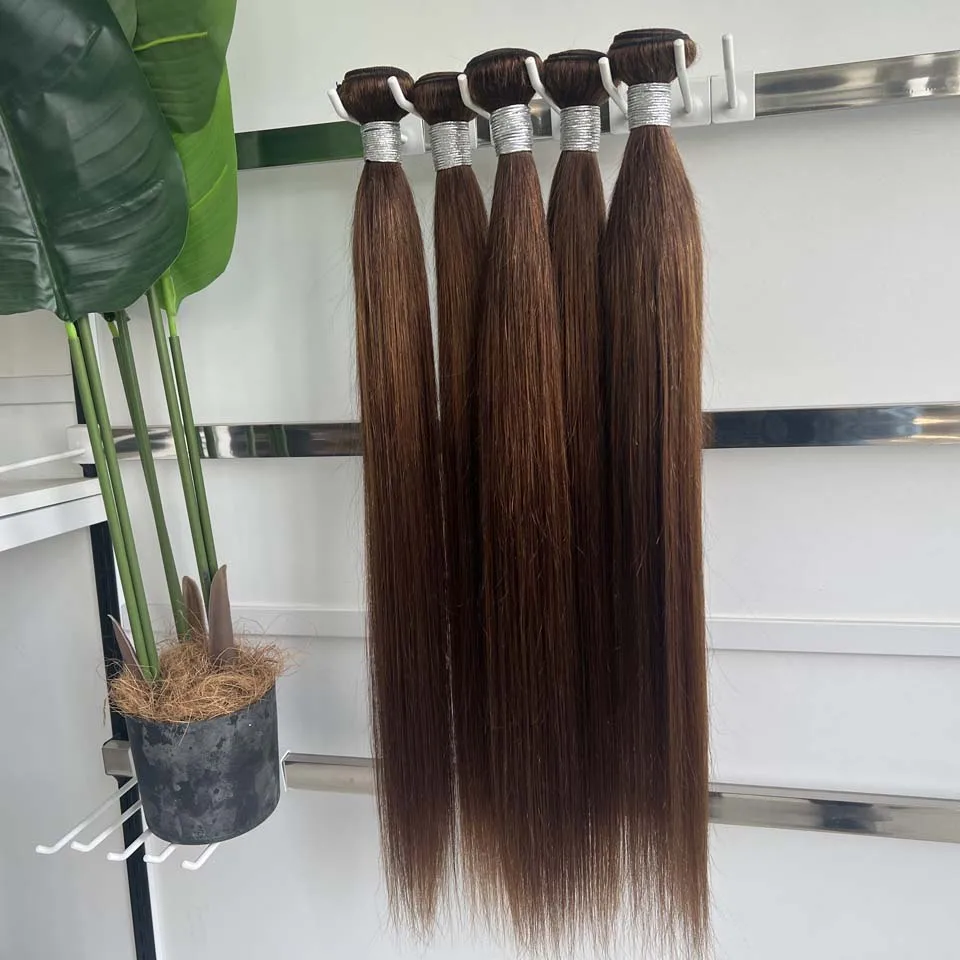 Chocolate Brown Straight Human Hair Bundles Color 4 Straight Virgin Human Hair 3/4 Bundles Quick Weave Real Unprocessed Chocolate Brazilian Virgin Straight Human Hair Extension Dark Brown Mixed Length Double Weft 100g/PC