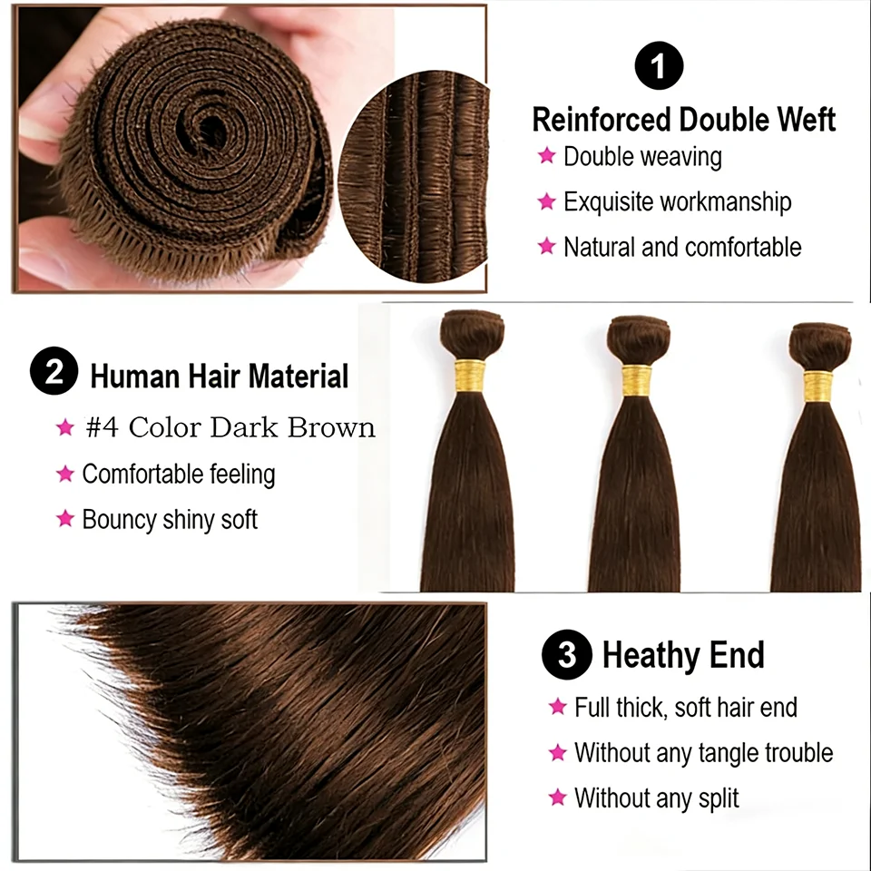 Chocolate Brown Straight Human Hair Bundles Color 4 Straight Virgin Human Hair 3/4 Bundles Quick Weave Real Unprocessed Chocolate Brazilian Virgin Straight Human Hair Extension Dark Brown Mixed Length Double Weft 100g/PC
